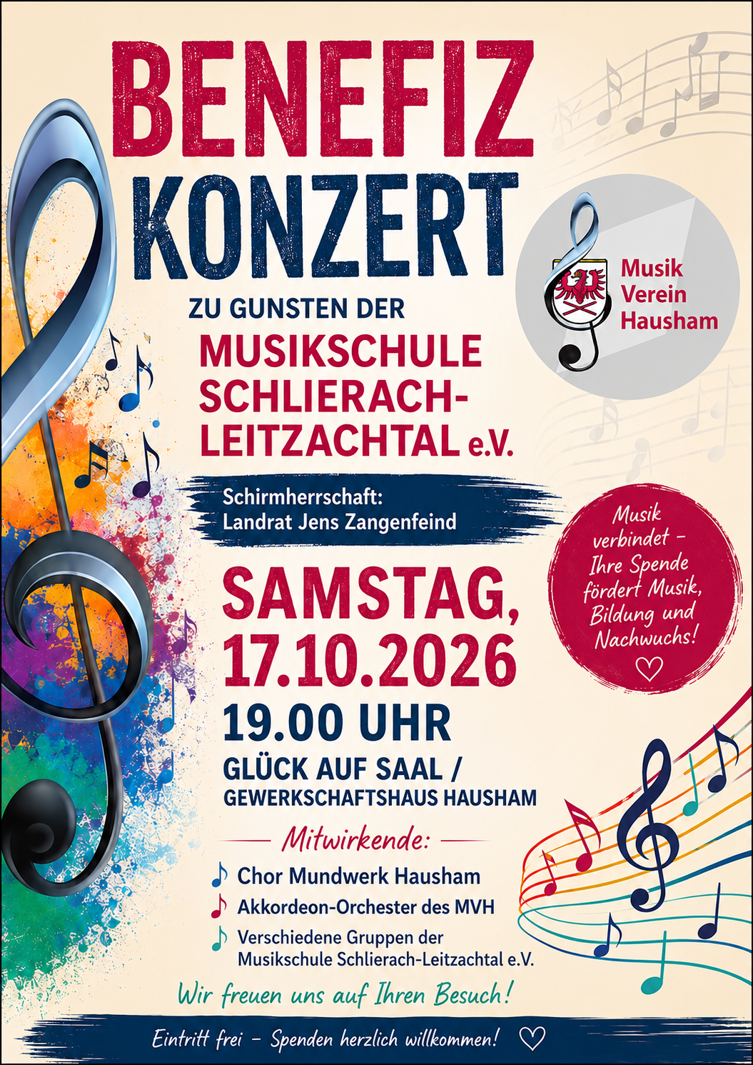 Plakat mit Informationen zum Benefizkonzert am 17.10. im Glück auf-Saal, Hausham